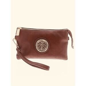 Mia K Farrow Cognac Brown Leather Wristlet Clutch Gold Hardware